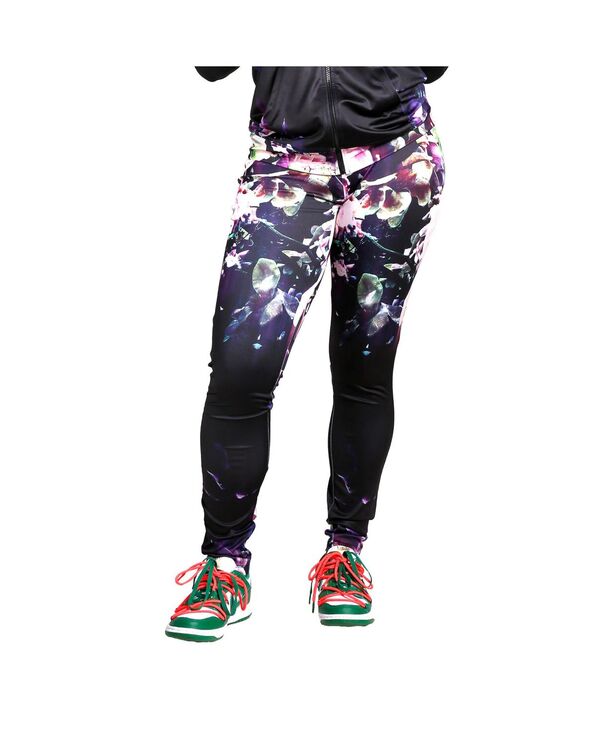 yz |GeBbN WXeBX fB[X MX {gX Women's Curvy Fit Active Floral Print Poly Tricot Leggings Black floral