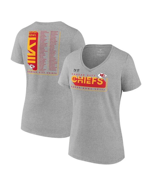 yz t@ieBNX fB[X TVc gbvX Women's Heather Gray Kansas City Chiefs Super Bowl LVIII Roster V-Neck T-shirt Gray