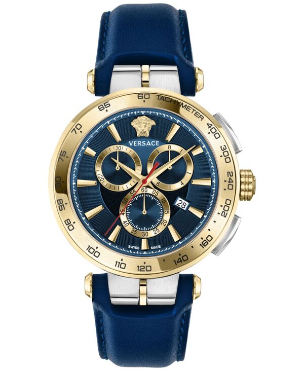 ヴェルサーチェ 腕時計（メンズ） 【送料無料】 ヴェルサーチ メンズ 腕時計 アクセサリー Men's Swiss Chronograph Aion Blue Leather Strap Watch 45mm Two Tone