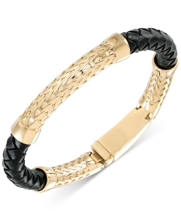 【送料無料】 シモン アイ スミス メンズ ブレスレット・バングル・アンクレット アクセサリー Black Leather Bracelet in Stainless Steel Gold-Tone