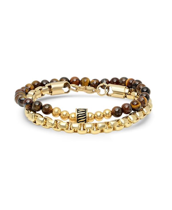 yz XeB[^C Y uXbgEoOEANbg ANZT[ Men's 2 Pieces 18k Gold Plated Stainless Steel Rounded Box Chain Bracelet and Tiger Eye Beaded Bracelet Set Gold Plated