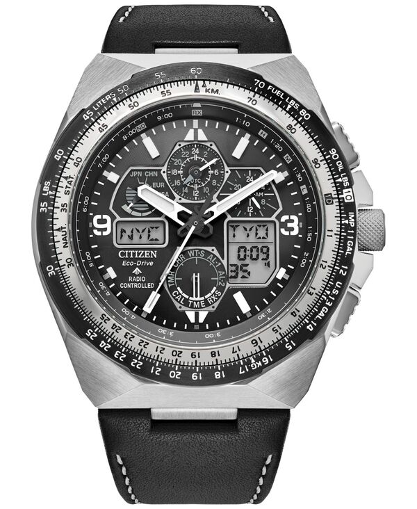 【送料無料】 シチズン メンズ 腕時計 アクセサリー Eco-Drive Men's Chronograph Promaster Skyhawk Black Leather Strap Watch 46mm Black