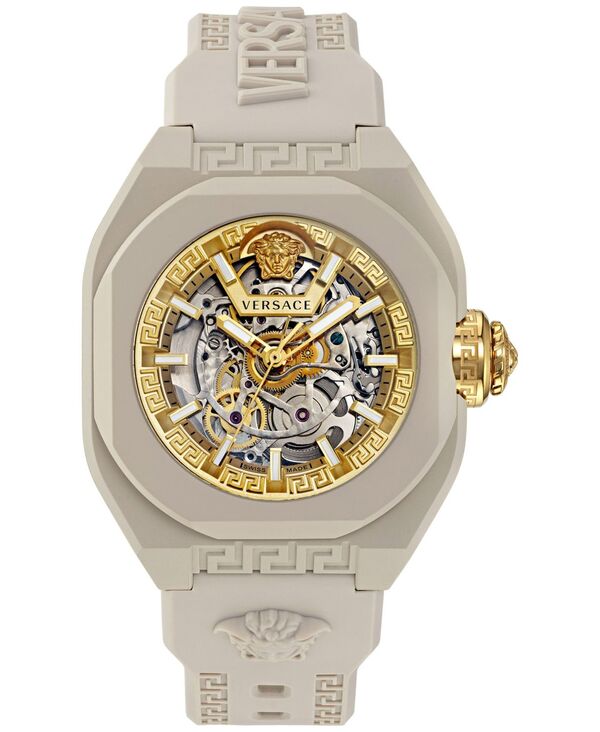 【送料無料】 ヴェルサーチ メンズ 腕時計 アクセサリー Men's Swiss Automatic V-Legend Skeleton Beige Rubber Strap Watch 42mm Beige Eco Ceramic