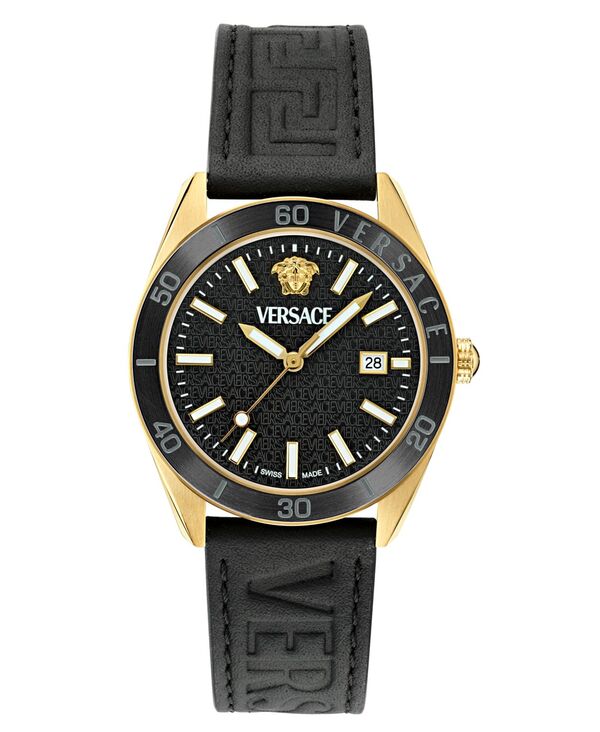 ヴェルサーチェ 腕時計（メンズ） 【送料無料】 ヴェルサーチ メンズ 腕時計 アクセサリー Men's Swiss Black Leather Strap Watch 42mm Gold