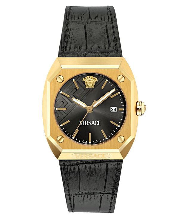 ヴェルサーチ 腕時計（メンズ） 【送料無料】 ヴェルサーチ メンズ 腕時計 アクセサリー Men's Swiss Black Leather Strap Watch 44mm Gold