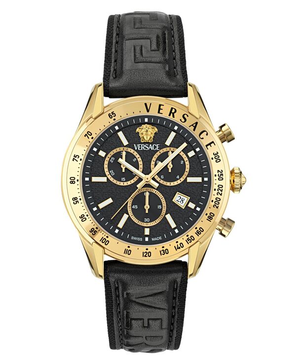 ヴェルサーチェ 腕時計（メンズ） 【送料無料】 ヴェルサーチ メンズ 腕時計 アクセサリー Men's Swiss Chronograph Black Leather Strap Watch 44mm Gold