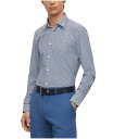  ヒューゴボス メンズ シャツ トップス Men's Geometric-Print Slim-Fit Shirt Bright Blue