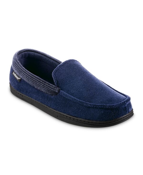 yz AC\gi[ Y T_ V[Y Signature Men's Microterry and Waffle Travis Moccasin Slippers Navy Blue