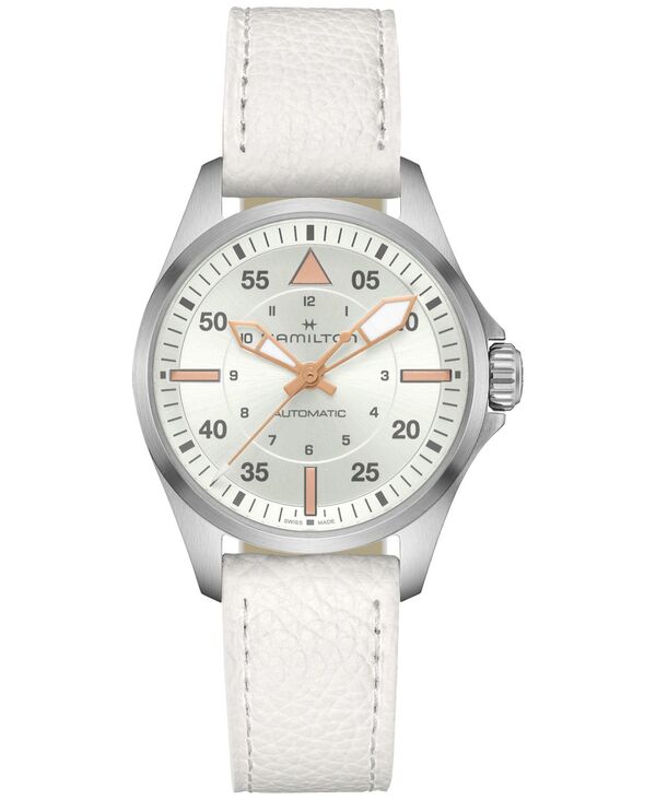 ハミルトン カーキ 腕時計（レディース） 【送料無料】 ハミルトン レディース 腕時計 アクセサリー Women's Swiss Automatic Khaki Aviation White Leather Strap Watch 36mm White