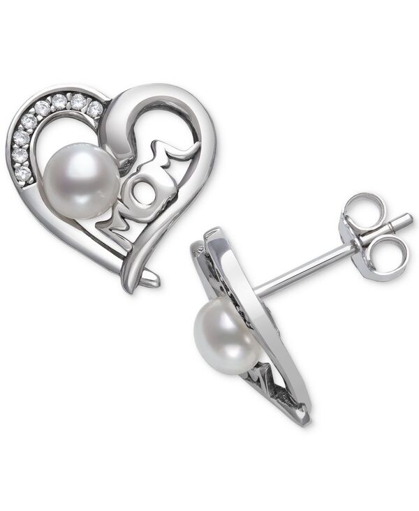yz x hD [ fB[X sAXECO ANZT[ Cultured Freshwater Button Pearl (4mm) & Cubic Zirconia Mom Heart Stud Earrings in Sterling Silver Sterling Silver