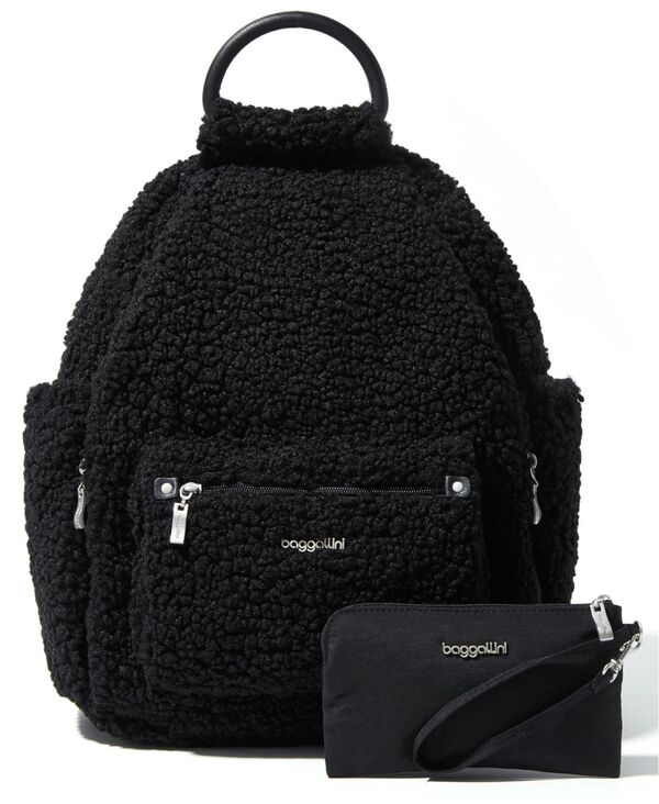 【送料無料】 バッガリーニ レディース バックパック・リュックサック バッグ All Day Adjustable Strap Small Backpack and RFID Phone Wristlet Black Faux Shearling