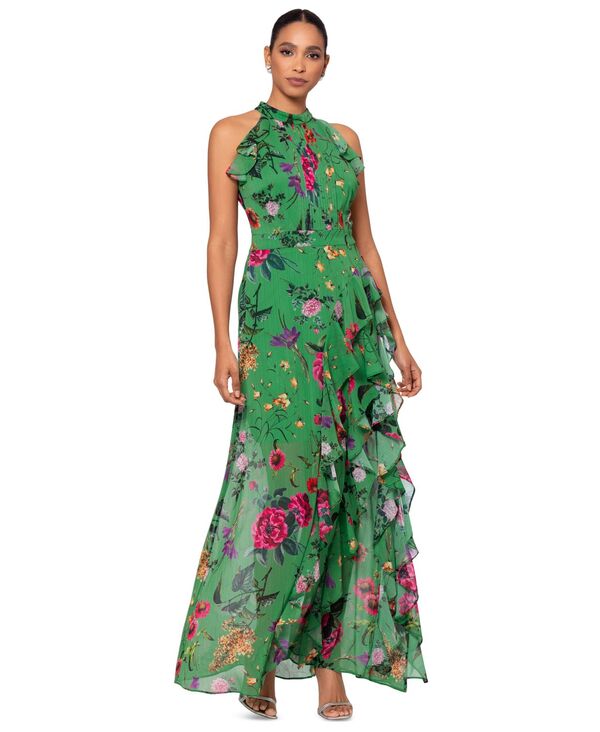 楽天ReVida 楽天市場店【送料無料】 ベッツィアンドアダム レディース ワンピース トップス Petite Floral-Print Ruffled Halter Gown Green Multi