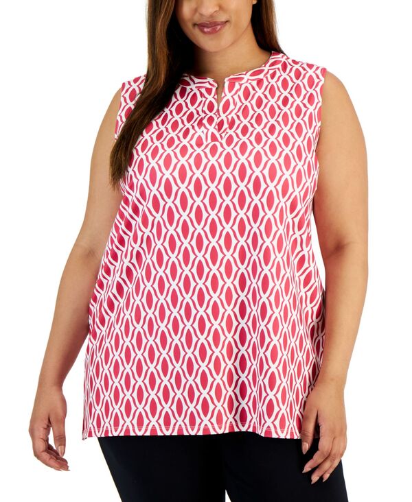 yz ANC fB[X Vc gbvX Plus Size Printed Split-Neck Sleeveless Top Rich Camellia/Bright White