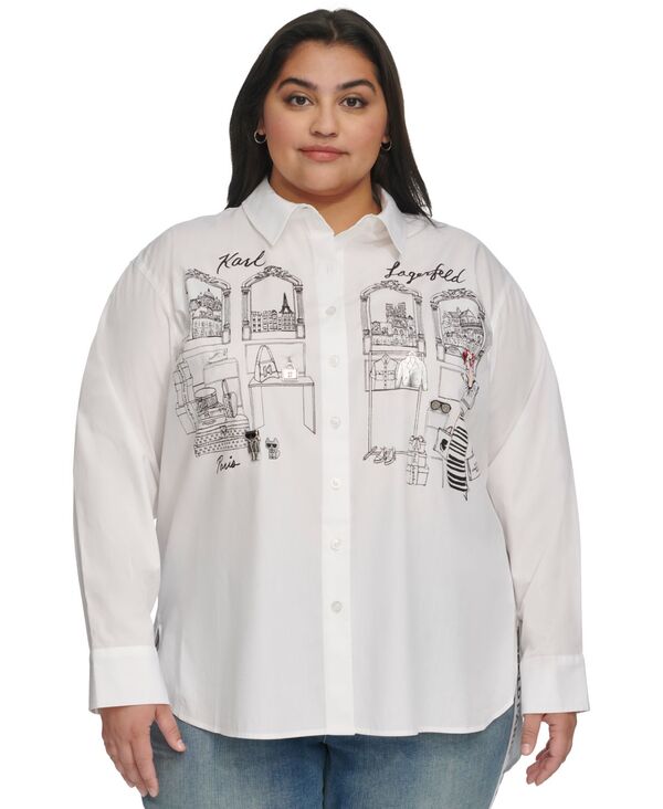 【送料無料】 カール ラガーフェルド レディース シャツ トップス Plus Size City Scene Cotton Shirt White