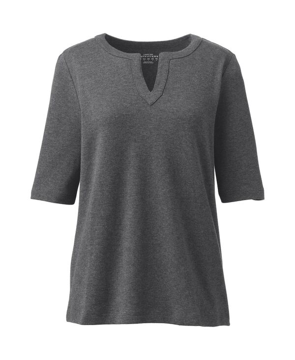 ランズエンド レディース トップス シャツ ポリエステル プラスサイズ コットン Lands' End Plus Size Cotton Polyester Modern Half Sleeve Splitneck Charcoal heather チャコール