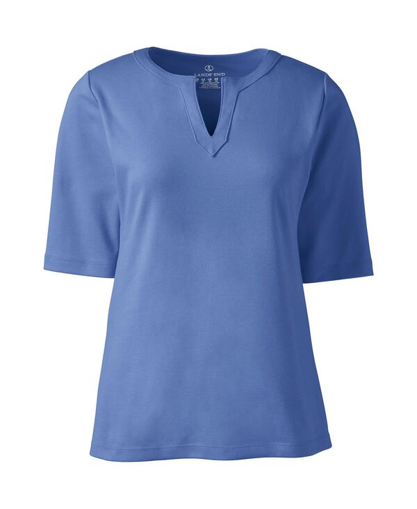 ランズエンド レディース トップス シャツ ポリエステル プラスサイズ コットン Lands' End Plus Size Cotton Polyester Modern Half Sleeve Splitneck True blue ブルー