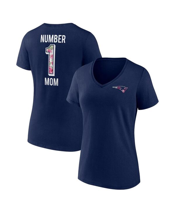 yz t@ieBNX fB[X TVc gbvX Women's Navy New England Patriots Plus Size Mother's Day #1 Mom V-Neck T-shirt Navy