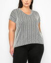 yz RC1804 fB[X Vc gbvX Plus Size Variegated Textured Stripe V Neck Band Sleeve Top Black Ivory