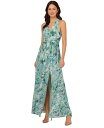 【送料無料】 アドリアナ パペル レディース ワンピース トップス Women's Leaf-Print Chiffon Shirred Gown Slate