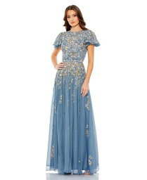【送料無料】 マックダガル レディース ワンピース トップス Women's Embellished Butterfly Sleeve High Neck Gown Slate blue