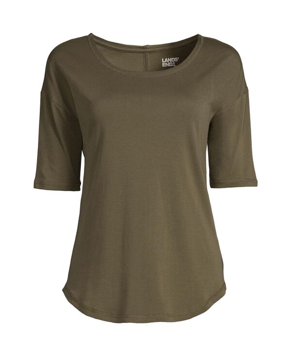【送料無料】 ランズエンド レディース シャツ トップス Women's Supima Micro Modal Elbow Sleeve Ballet neck Curved Hem Top Forest moss