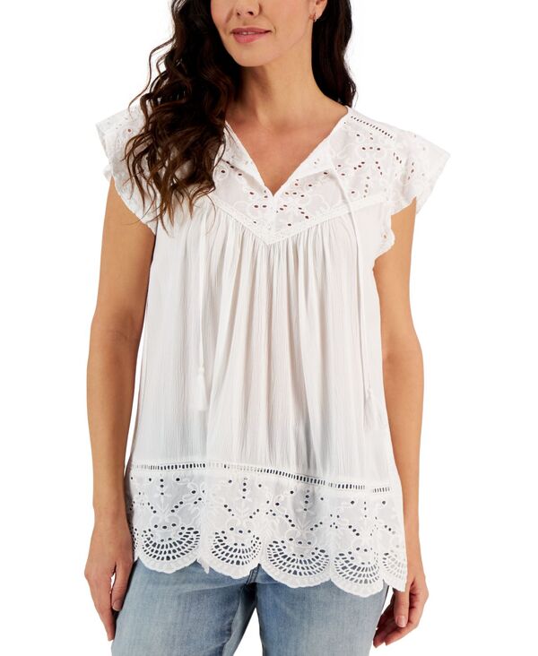 yz X^CAhR[ fB[X Vc gbvX Women's Mixed-Media Lace-Trimmed Top Bright White