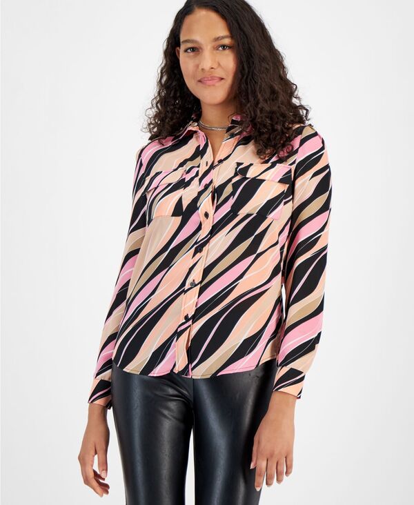 yz o[X[ fB[X Vc gbvX Women's Wave-Print Button-Up Shirt Black/Rose Bloom Multi