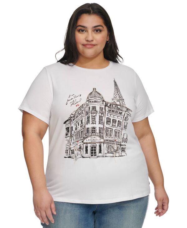 【送料無料】 カール ラガーフェルド レディース シャツ トップス Plus Size City Scene Stud-Trim T-Shirt White