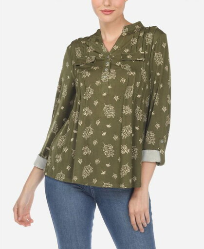 【送料無料】 ホワイトマーク レディース シャツ トップス Women's Pleated Leaf Print Blouse Olive 【送料無料】 ホワイトマーク レディース シャツ トップス Women's Pleated Leaf Print Blouse Olive