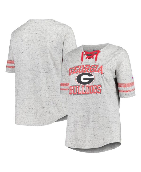 yz vt@C fB[X TVc gbvX Women's Heather Gray Distressed Georgia Bulldogs Plus Size Striped Lace-Up V-Neck T-shirt Heather Gray