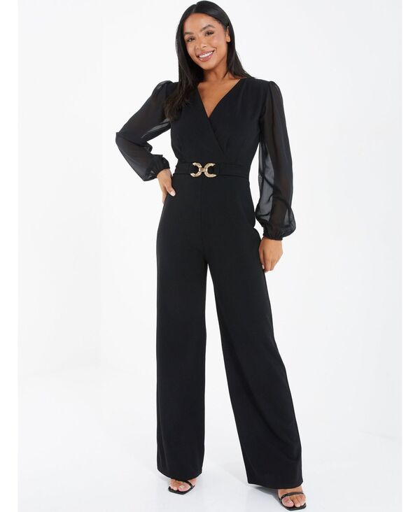【送料無料】 クイズ レディース ジャンプスーツ トップス Women's Black Chiffon Buckle Palazzo Jumpsuit Black