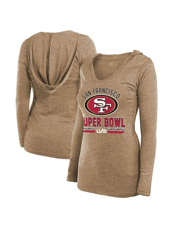 yz }WFXeBbN fB[X TVc gbvX Women's Threads Gold Distressed San Francisco 49ers Super Bowl LVIII Hard Court Tri-Blend Long Sleeve V-Neck Hoodie T-shirt Gold