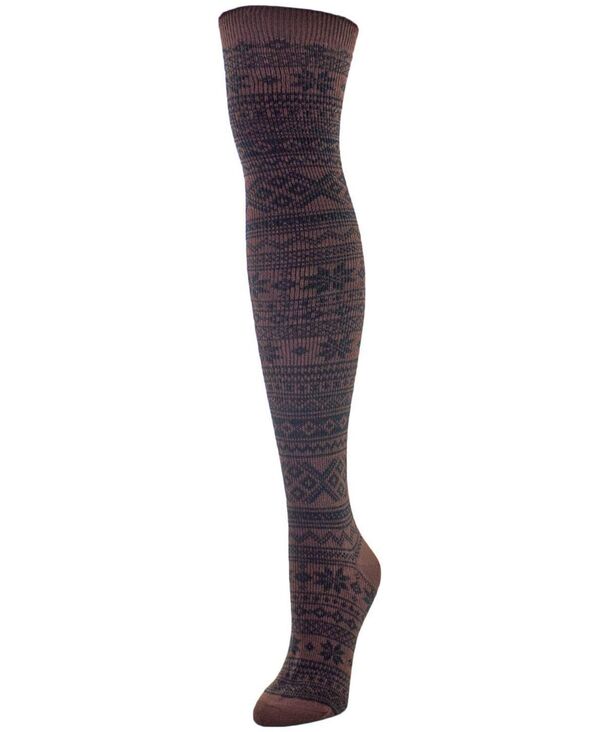 yz C fB[X C A_[EFA Women's Snow Flakes Stripes Over The Knee Socks Brown