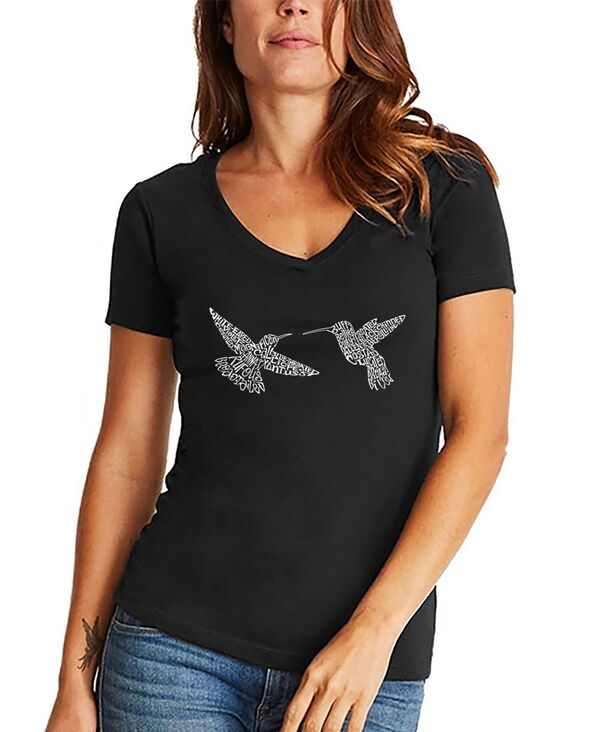  エルエーポップアート レディース シャツ トップス Women's Hummingbirds Word Art V-neck T-shirt Black