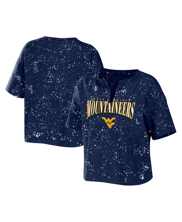 yz EFA oC G Ah[Y fB[X TVc gbvX Women's Navy West Virginia Mountaineers Bleach Wash Splatter Cropped Notch Neck T-shirt Navy