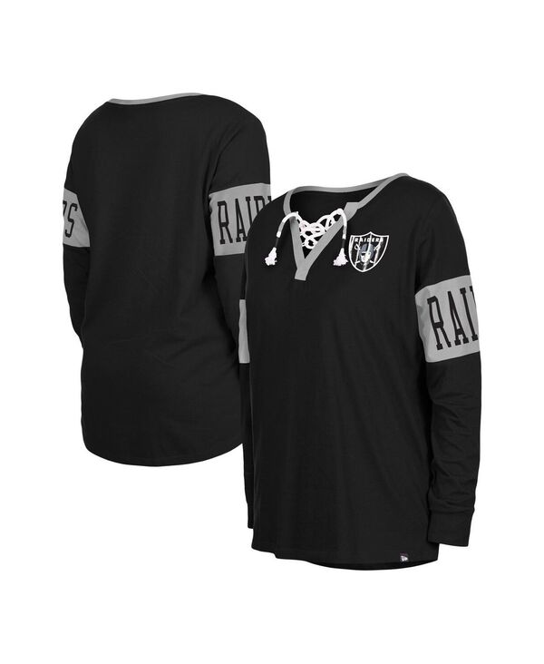 yz j[G fB[X TVc gbvX Women's Black Las Vegas Raiders Lace-Up Notch Neck Long Sleeve T-shirt Black