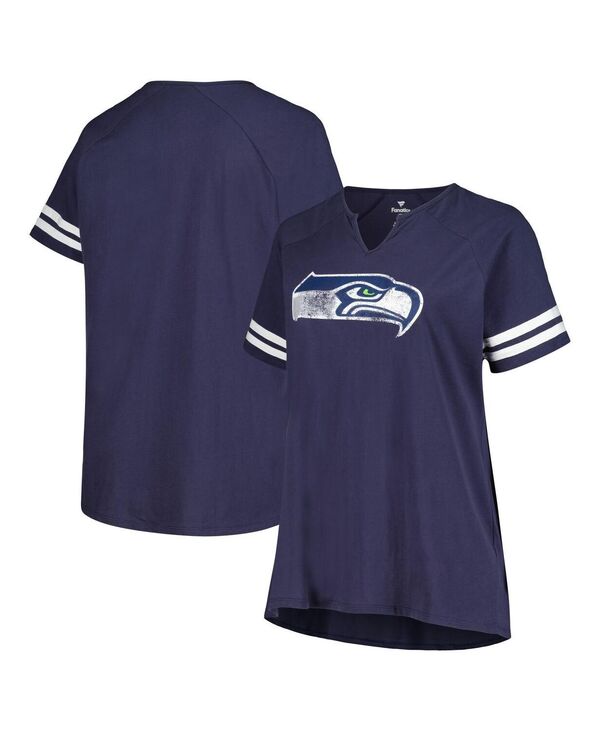 yz t@ieBNX fB[X TVc gbvX Women's Navy Distressed Seattle Seahawks Plus Size Raglan Notch Neck T-Shirt Navy