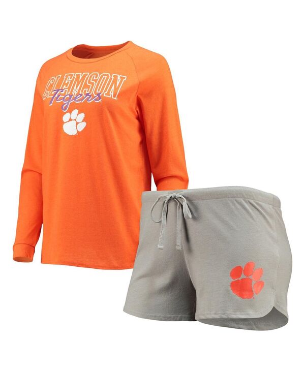 【送料無料】 コンセプツ スポーツ レディース ナイトウェア アンダーウェア Women's Orange Gray Clemson Tigers Raglan Long Sleeve T-shirt and Shorts Sleep Set Orange Gray