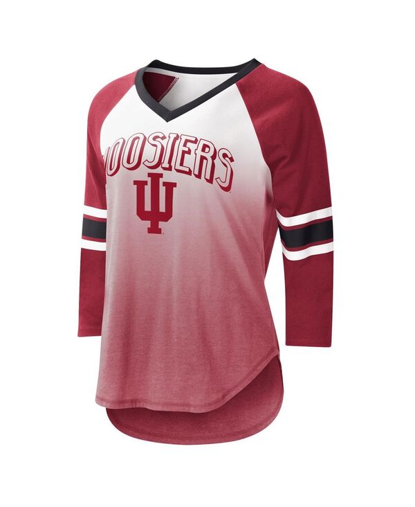 yz W[X[ tH[n[ oC J[ oNX fB[X TVc gbvX Women's White Crimson Indiana Hoosiers Lead Off Ombre Raglan 3/4-Sleeve V-Neck T-shirt White Crimson