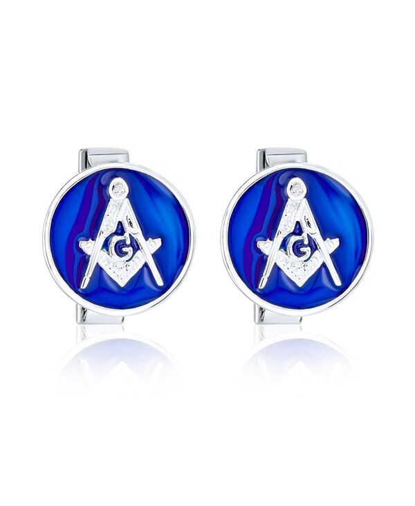 【送料無料】 ブリング メンズ カフスボタン アクセサリー Round Circle Disc Freemasons Compass Symbol Masonic Cufflinks For Men Royal Blue Enamel Two Tone .925 Sterling Silver Hinge Bullet Back Blue