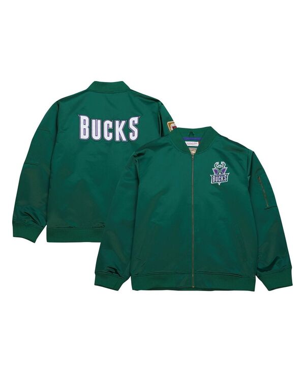 【送料無料】 ミッチェル&ネス メンズ ジャケット・ブルゾン アウター Men's Green Distressed Milwaukee Bucks Hardwood Classics Vintage-Like Logo Full-Zip Bomber Jacket Green