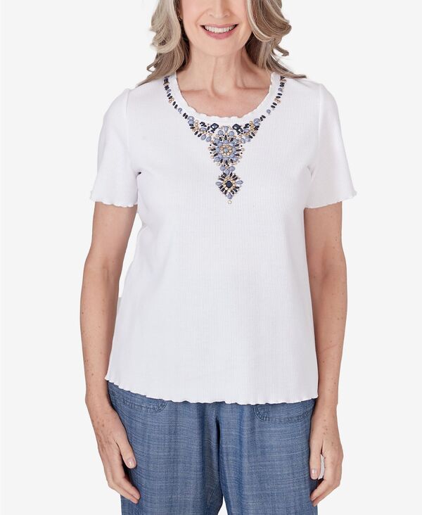 ̵ եå ʡ ǥ  ȥåץ Petite Blue Bayou Women's Ribbed Beaded Yoke Top White