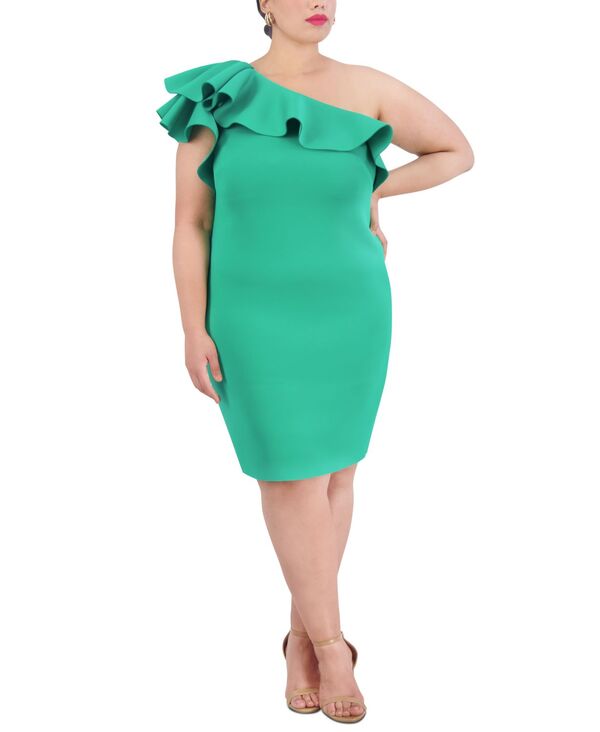 楽天ReVida 楽天市場店【送料無料】 エリザジェイ レディース ワンピース トップス Plus Size Ruffled One-Shoulder Dress Green