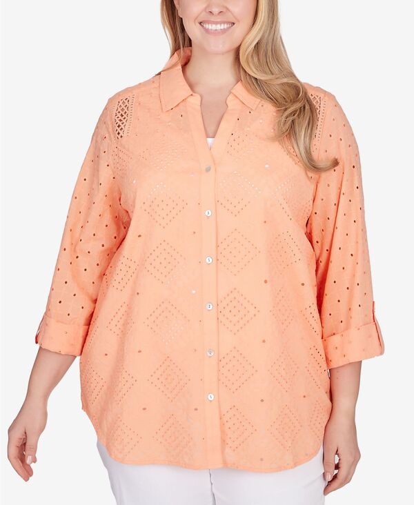 【送料無料】 ルビーアールディー レディース シャツ トップス Plus Size Woven Diamond Cotton Top Cantaloupe