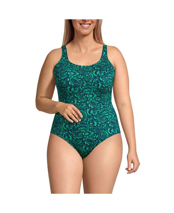 ̵ 󥺥 ǥ 岼å  Women's Chlorine Resistant High Leg Soft Cup Tugless Sporty One Piece Swimsuit Navy/emerald decor paisley