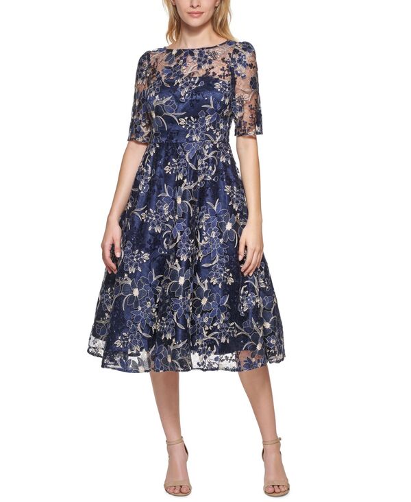 【送料無料】 エリザジェイ レディース ワンピース トップス Embroidered Sequin Midi Dress Navy