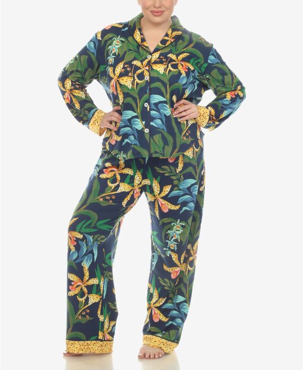 楽天ReVida 楽天市場店【送料無料】 ホワイトマーク レディース ナイトウェア アンダーウェア Plus Size 2 Pc. Wildflower Print Pajama Set Navy