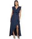 【送料無料】 ダナ キャラン ニューヨーク レディース ワンピース トップス Women's Flutter-Sleeve Ruffle-Front Tie-Waist Gown Spring Navy