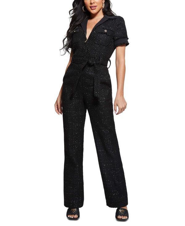 【送料無料】 ゲス レディース ジャンプスーツ トップス Women's Clarissa Short-Sleeve Tweed Jumpsuit Black Tweed Fantasy