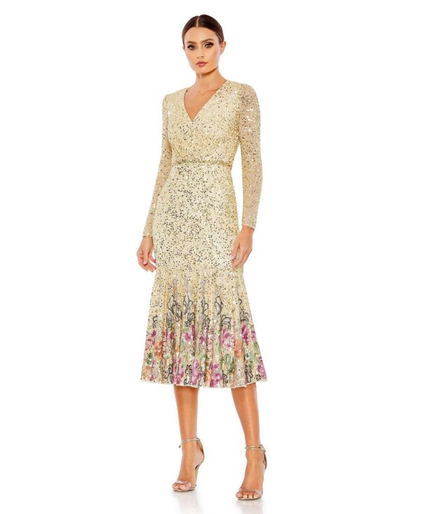 【送料無料】 マックダガル レディース ワンピース トップス Women's Long Sleeve Faux Wrap Embellished Tea Length Dress Gold multi